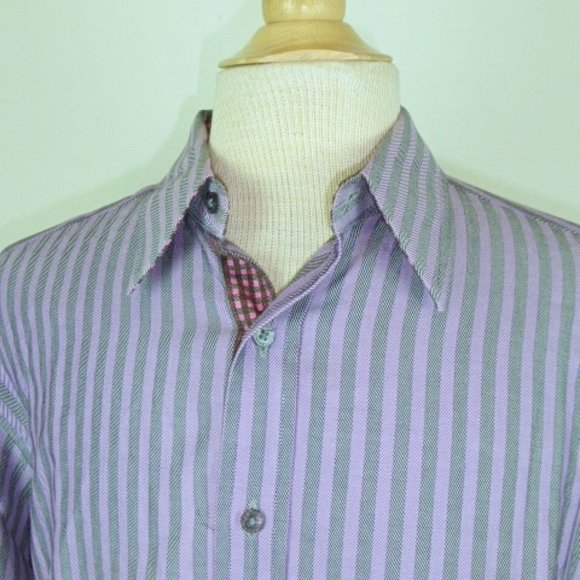 ROBERT GRAHAM SHIRT Purple black stripe contrast cuff cotton L - Picture 1 of 10